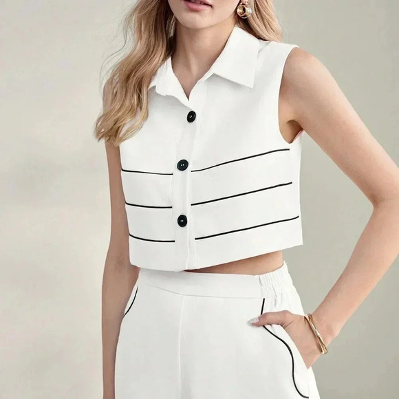 Apricot Casual Women's Striped Button Front Sleeveless Blouse - Picture 6 of 8